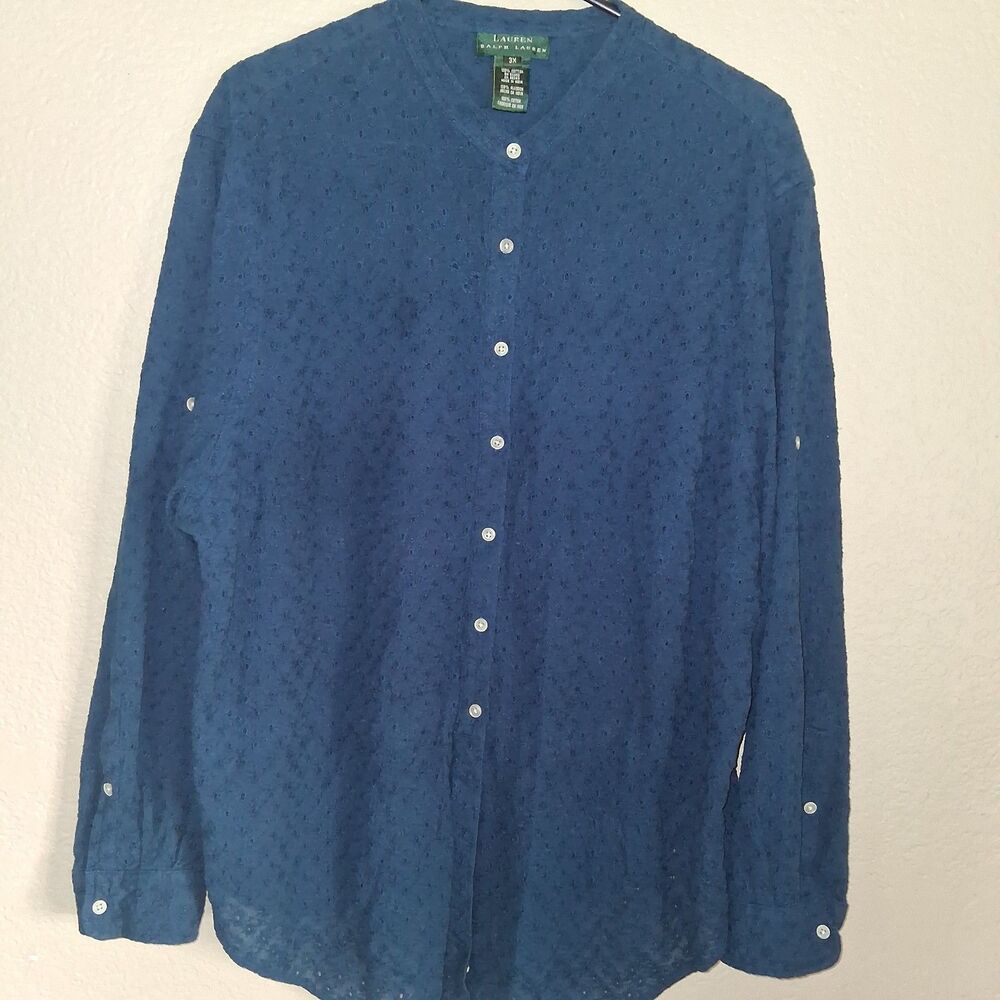 Lauren Ralph Lauren Peasant Tunic Blouse 3X Blue Eyelet Cotton Button Front Boho